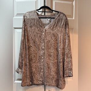 J. Jill Pure Jill Paisley Button Front Blouse Brown/Cream Tunic Top Size XL